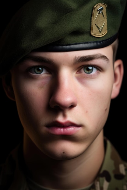 Closeup portrait of a young soldier in military uniform created with generative ai