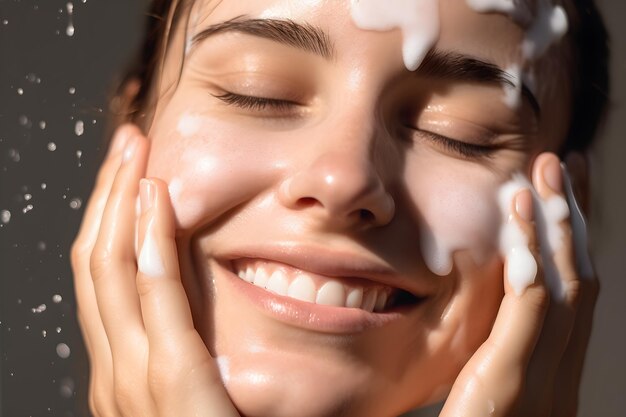 Photo closeup portrait of young woman cleanses the skin with foam on her face in bathroom generative ai