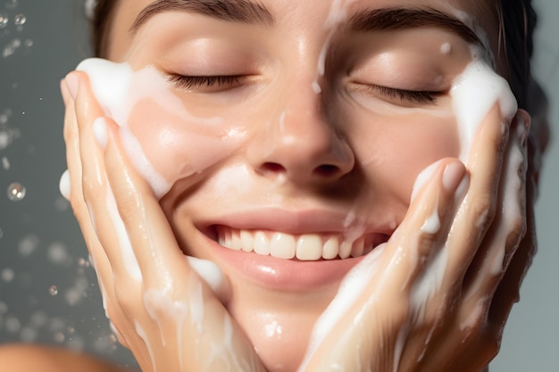 Closeup portrait of young woman cleanses the skin with foam on her face in bathroom Generative AI