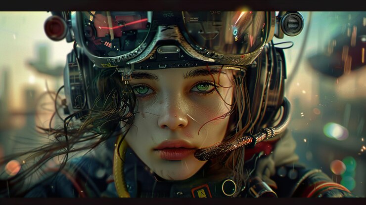 Photo closeup portrait of a young woman in a futuristic helmet looking intensely at the camera