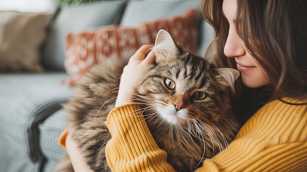 ソファに猫を抱いた若い女性のクローズアップ肖像画