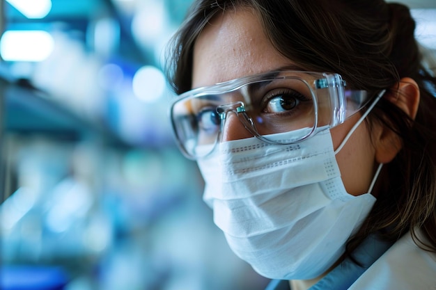 Портрет молодой женщины в лабораторной форме Красивая женщина-ученый в маске и очках работает в научной лаборатории для экспериментальных исследований
