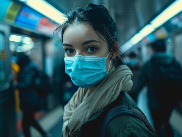 Foto ritratto in primo piano di una giovane donna che indossa una maschera in una stazione della metropolitana