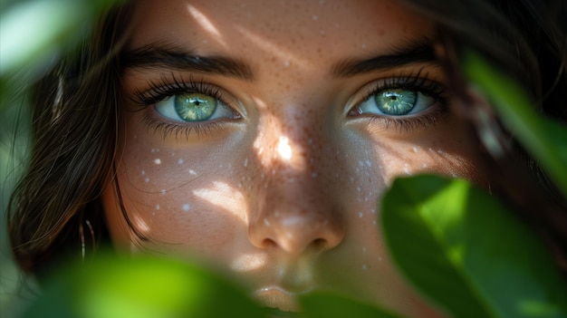 Closeup portrait of a young woman with freckles and green eyes surrounded by leaves