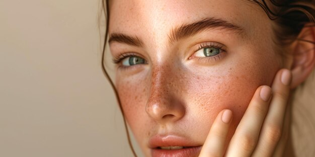 Closeup Portrait of Young Woman with Freckles and Green Eyes