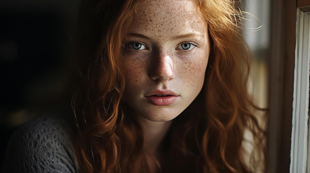 Photo closeup portrait of young woman with freckles is looking at camera