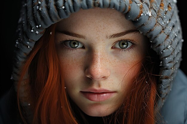 Closeup portrait of young woman with freckles is looking at camera