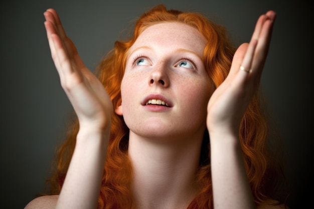 Closeup portrait of a young woman with her hands raised in applause created with generative ai