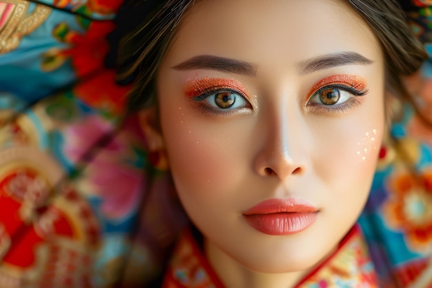 Photo closeup portrait of a young woman with sparkling makeup and colorful attire looking thoughtfully