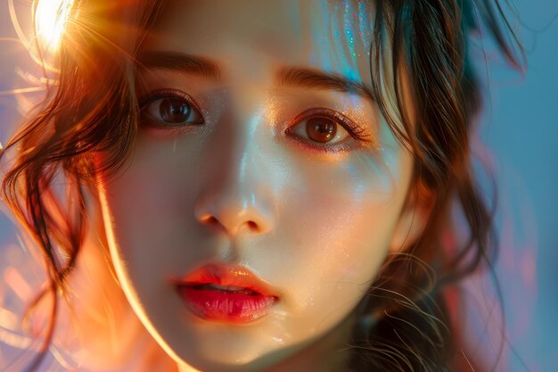 CloseUp Portrait of Young Woman with Sparkling Makeup and Colorful Lights