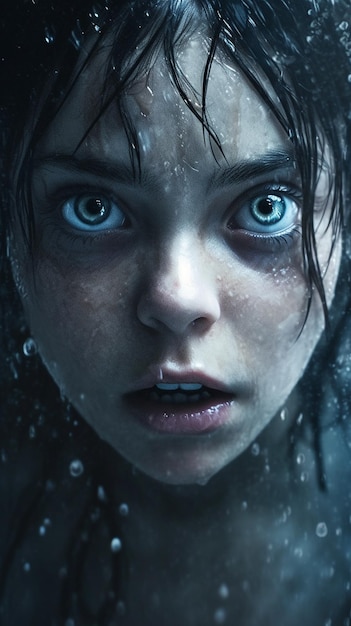 Closeup portrait of a young woman with wet face and blue eyes