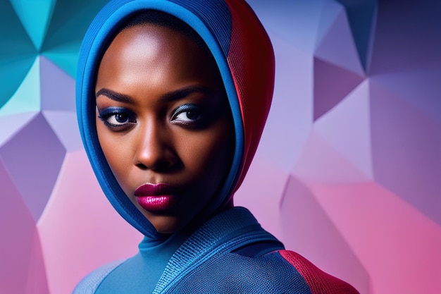 Closeup portret jonge zwarte vrouw met kleren hoofdtooi persoon op kleurrijk