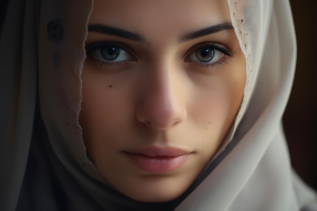 CloseUp portretfoto van een tedere vrouw in de dertiger jaren die een hijab draagt