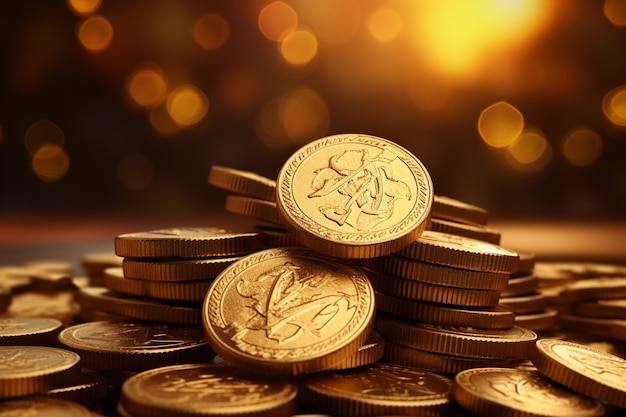 A closeup of a pot of gold chocolate coins