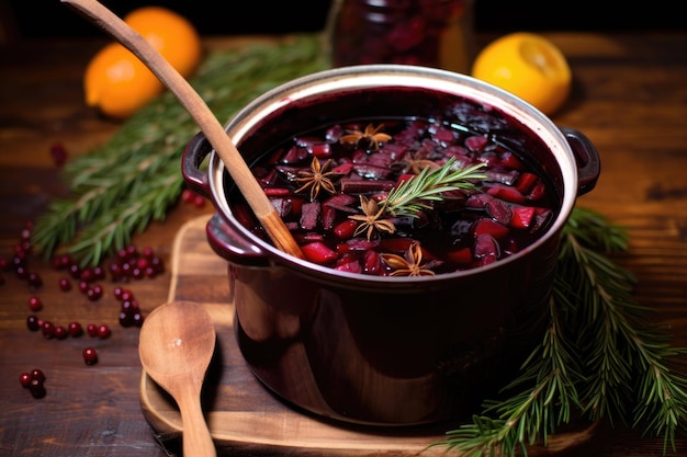 Closeup of a pot of mulled wine with a wooden spoon