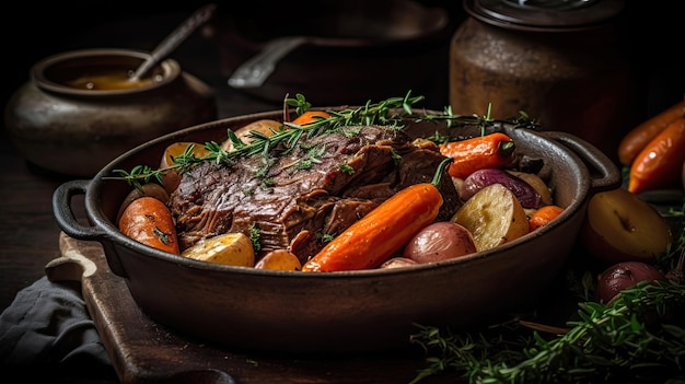 Closeup of pot roast full of vegetables on a bowl with blurred background