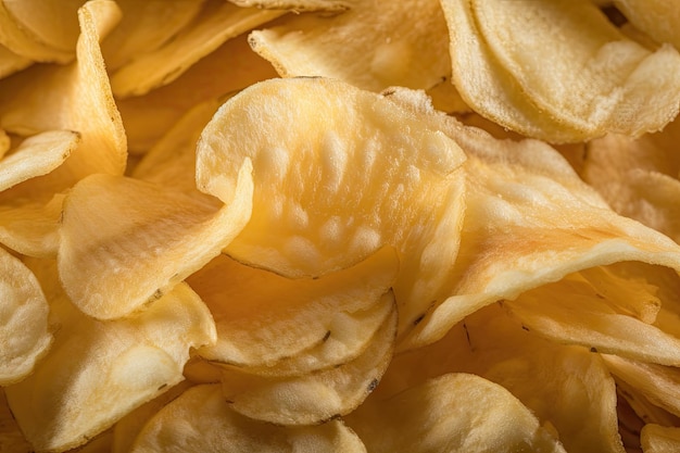 Closeup of potato chip with detailed view of its texture and flavor