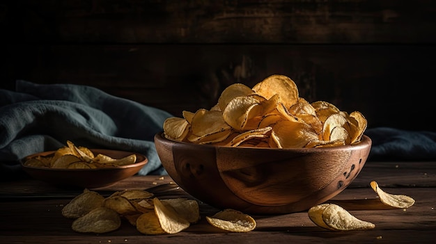 Closeup Potato Chips with a sprinkling of savory salty spices on a wooden table
