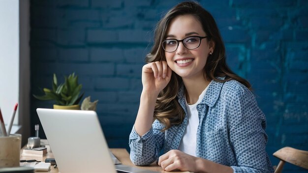 Closeup of pretty woman ditting at desk with laptop smiling at camera