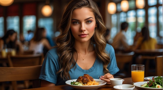 Foto primo piano di una bella giovane donna seduta nel ristorante donna sullo sfondo del caffè donna nel caffè