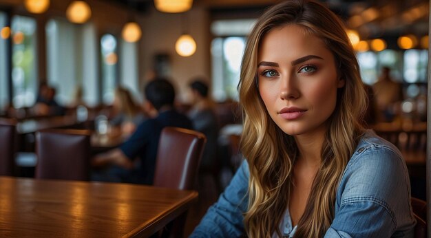 Foto primo piano di una bella giovane donna seduta nel ristorante donna sullo sfondo del caffè donna nel caffè