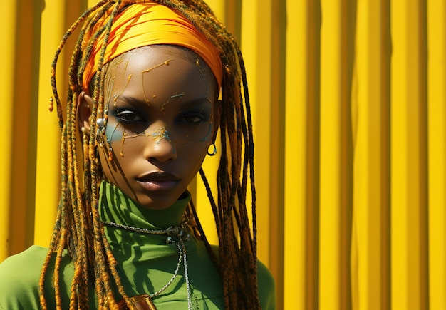 Closeup of a pretty young woman with dreadlocks and earrings