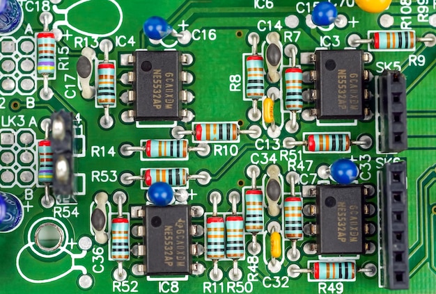 Photo closeup of a printed circuit board with components such as resistors and integrated circuits