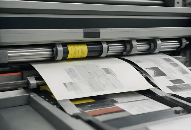 Closeup of a printing press machine with moving printed material and visible caution labels