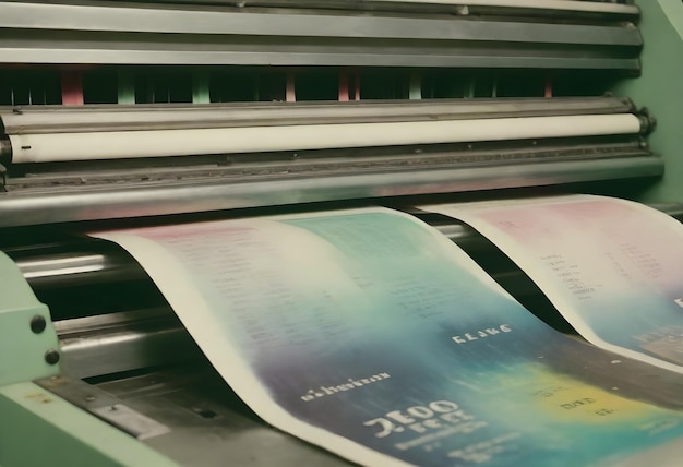 Photo closeup of a printing press machine with moving printed material and visible caution labels