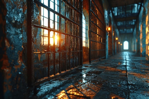 closeup of a prisoner behind bars in jail