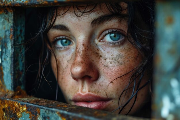 closeup of a prisoner behind bars in jail