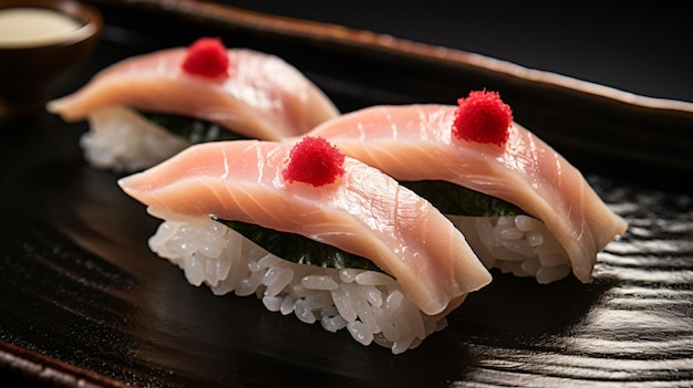 Closeup of a pristine plate of saba mackerel nigiri sushi showcasing the delicate silver skin