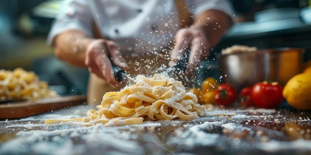Клоуз-ап процесса приготовления домашних макарон шеф-повар делает свежие итальянские традиционные макароны