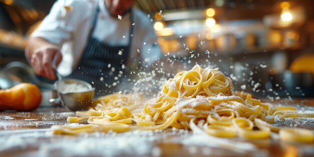 自家製のパスタを作るプロセスのクローズアップシェフは新鮮なイタリアの伝統的なパスタを作ります