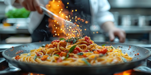 Closeup of process of making cooking homemade pasta chef make fresh italian traditional pasta