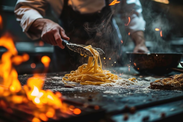 A closeup of the process of making homemade pasta A chef preparing Italian pasta