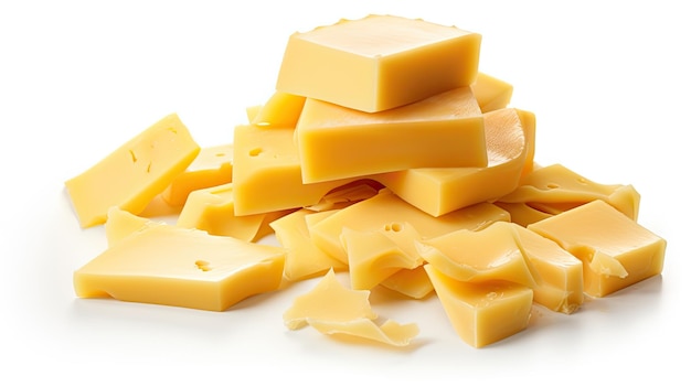 Крупный план обработанных ломтиков американского сыра Чеддер, изолированных на белом фоне