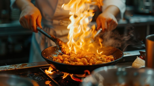 Closeup of the Professional chef39s hands cooking food on fire in the kitchen at a restaurant The chef burns food in a professional kitchen