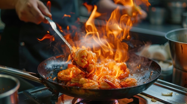 Closeup of the Professional chef39s hands cooking food on fire in the kitchen at a restaurant The chef burns food in a professional kitchen