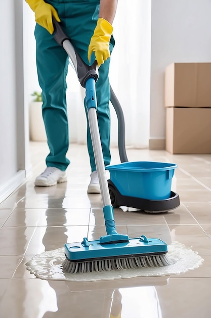 Closeup of professional cleaner washing floor Cleaning service and moving day concept