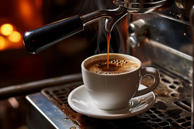 Closeup of a Professional Coffee Maker Brewing Rich Mocha Coffee into a White Cup