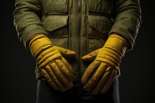 Photo closeup of professional construction worker putting on industrial gloves before starting work at building
