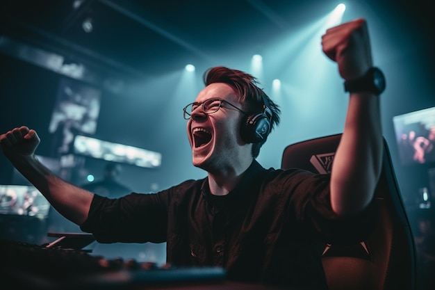 A closeup of a professional gamer's ecstatic expression as they raise their arms in victory