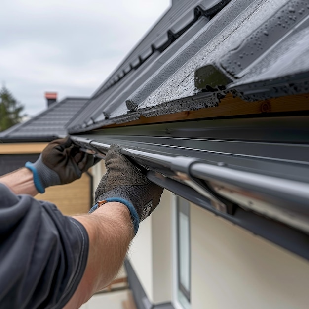 CloseUp of Professional Handiwork Installing Gutter on a Roof Highlighting Home Improvement