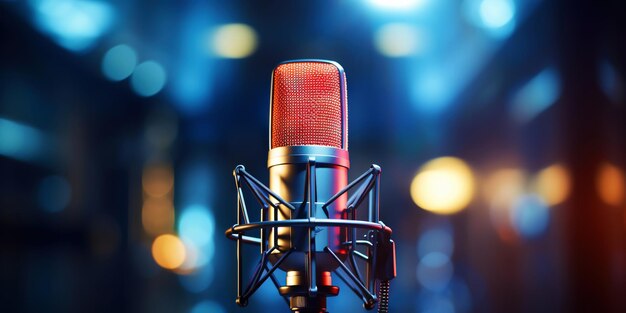 Closeup of professional microphone with dark bokeh light backdrop karaoke concept generative ai
