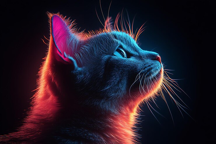 Фотография близкий профиль кошки, освещенной ярким синим и оранжевым освещением