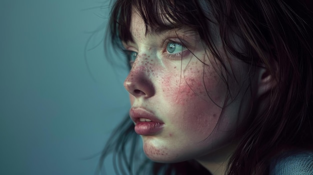 Photo closeup profile of a young darkhaired caucasian woman suffering from the skin disease rosacea on h