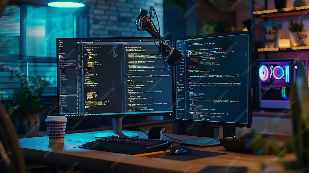Closeup of a programmers dualmonitor workspace with code editor and ...