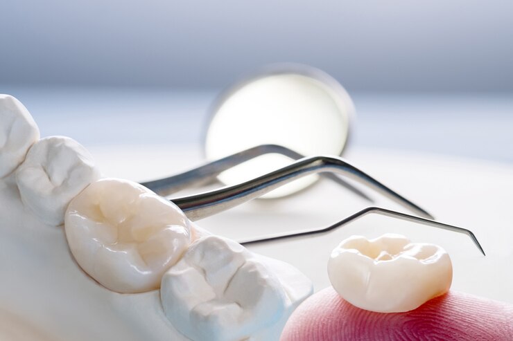 Closeup / Prosthodontics or Prosthetic / Single teeth crown and bridge equipment model express fix restoration.