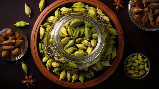 Closeup proto of glass jar full of green cardamom powder